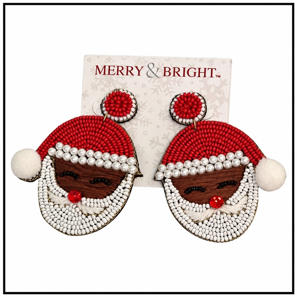 Merry & Bright Black Santa Beaded Statement Earrings Christmas Holiday Drop NEW